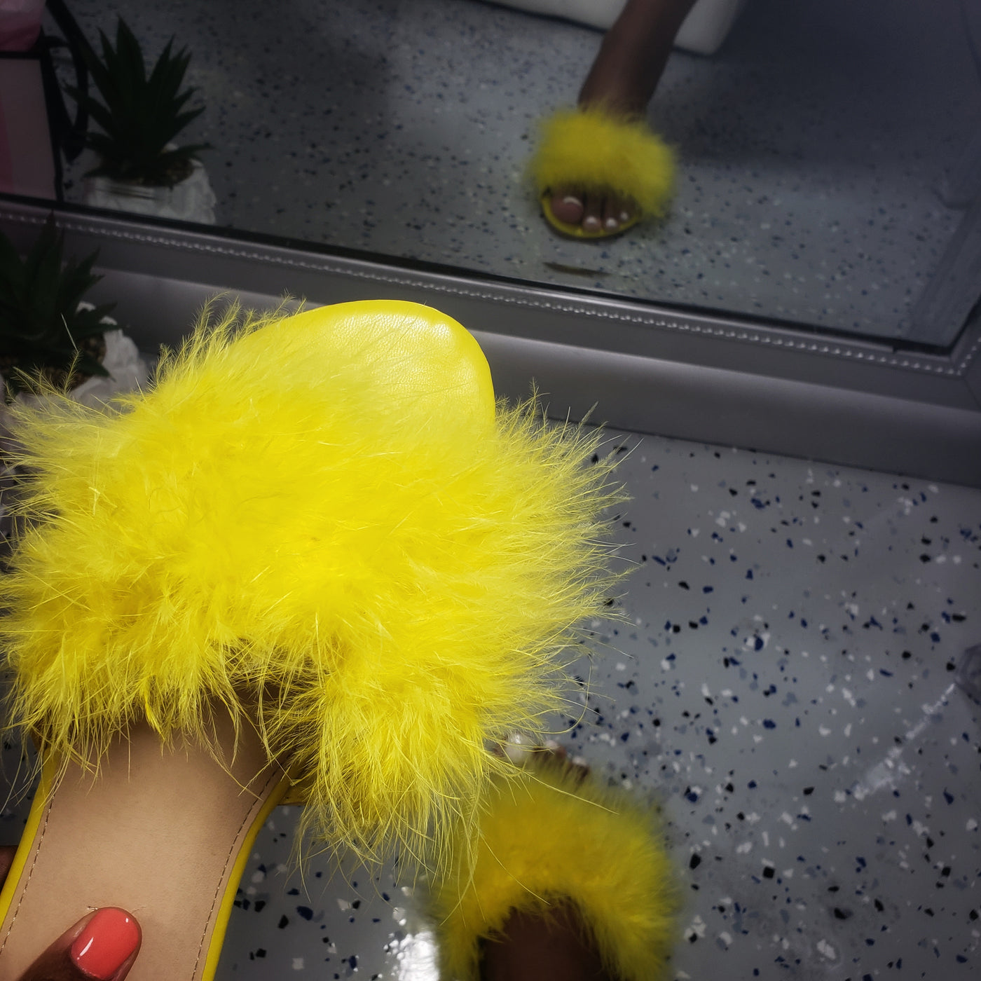 Lady~Yellow Feather Slide Sandal