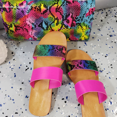 Angela~Rainbow Snake Skin Slides