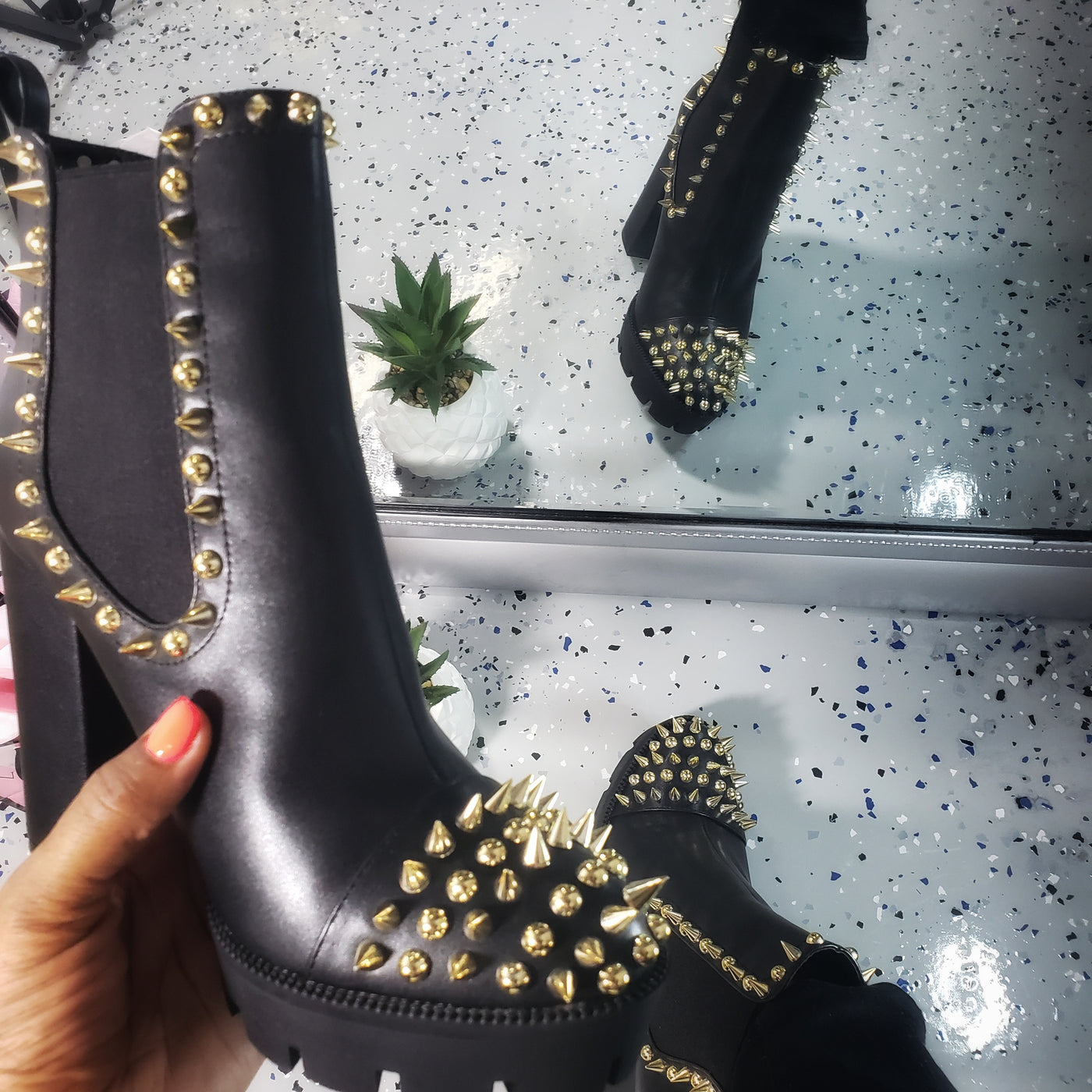 Jagged~Black & Gold Spiked Bootie