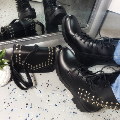 Glassy~Black Spiked Chunky Heel Boot