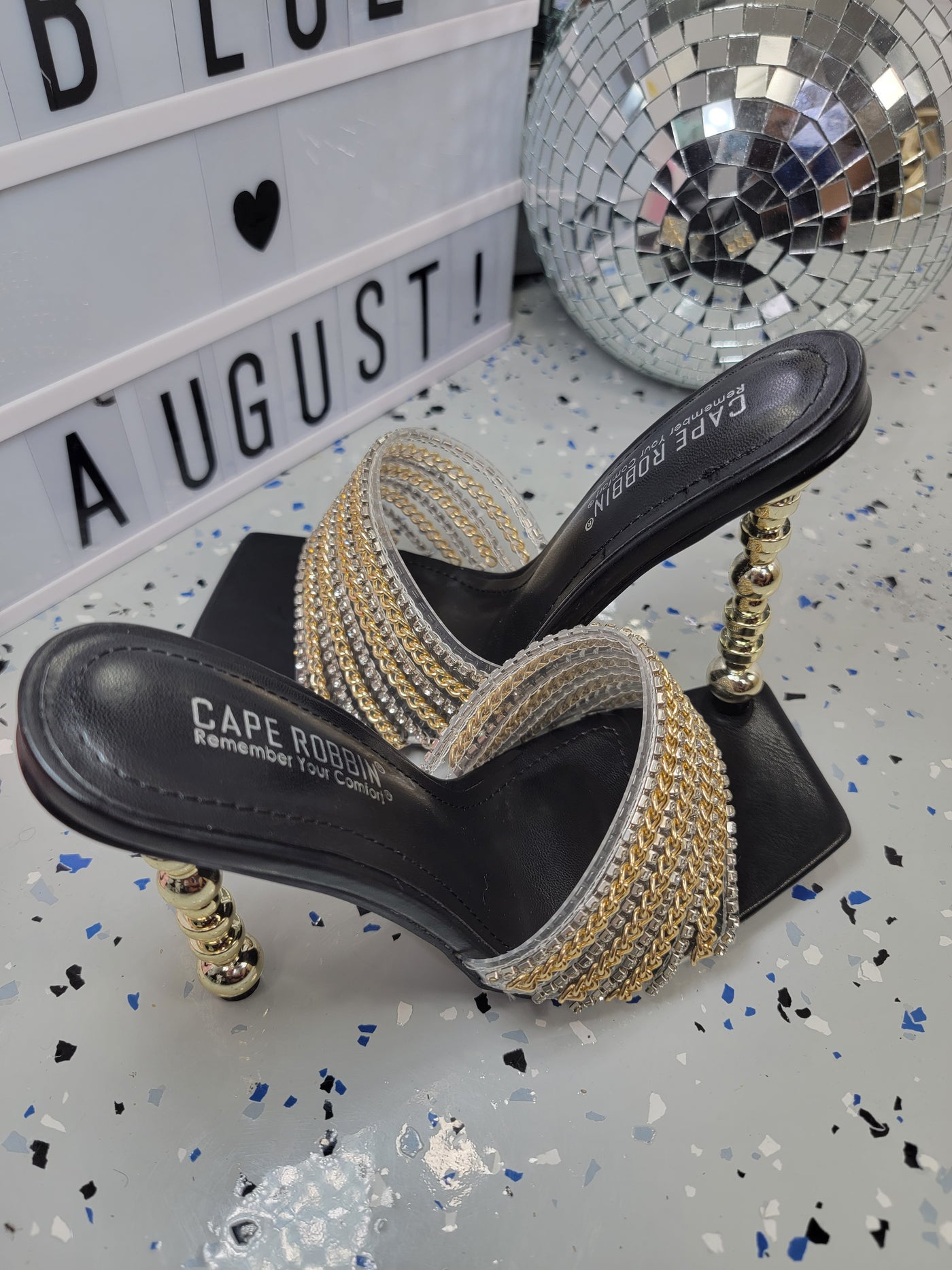 CATANA~BLACK, GOLD & SILVER RHINESTONE HEEL