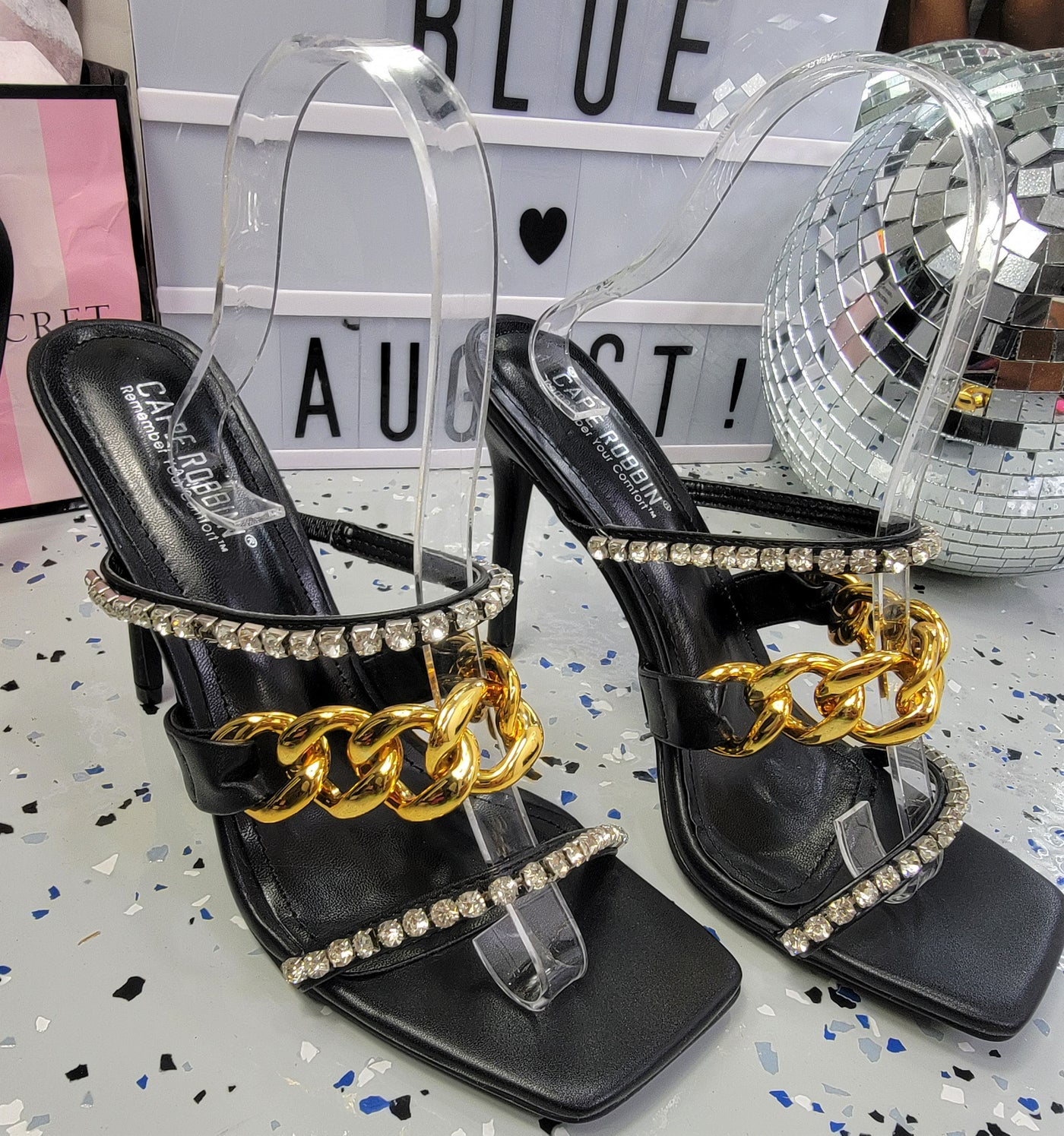 Lacy~Black & Gold Chain Heel