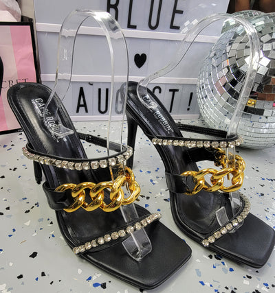 Lacy~Black & Gold Chain Heel