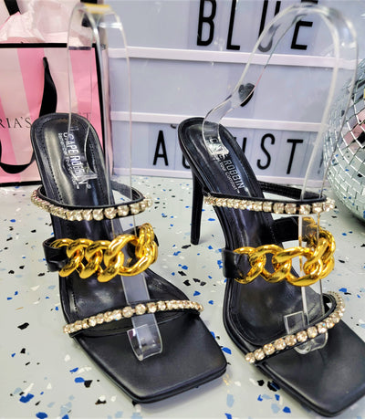 Lacy~Black & Gold Chain Heel
