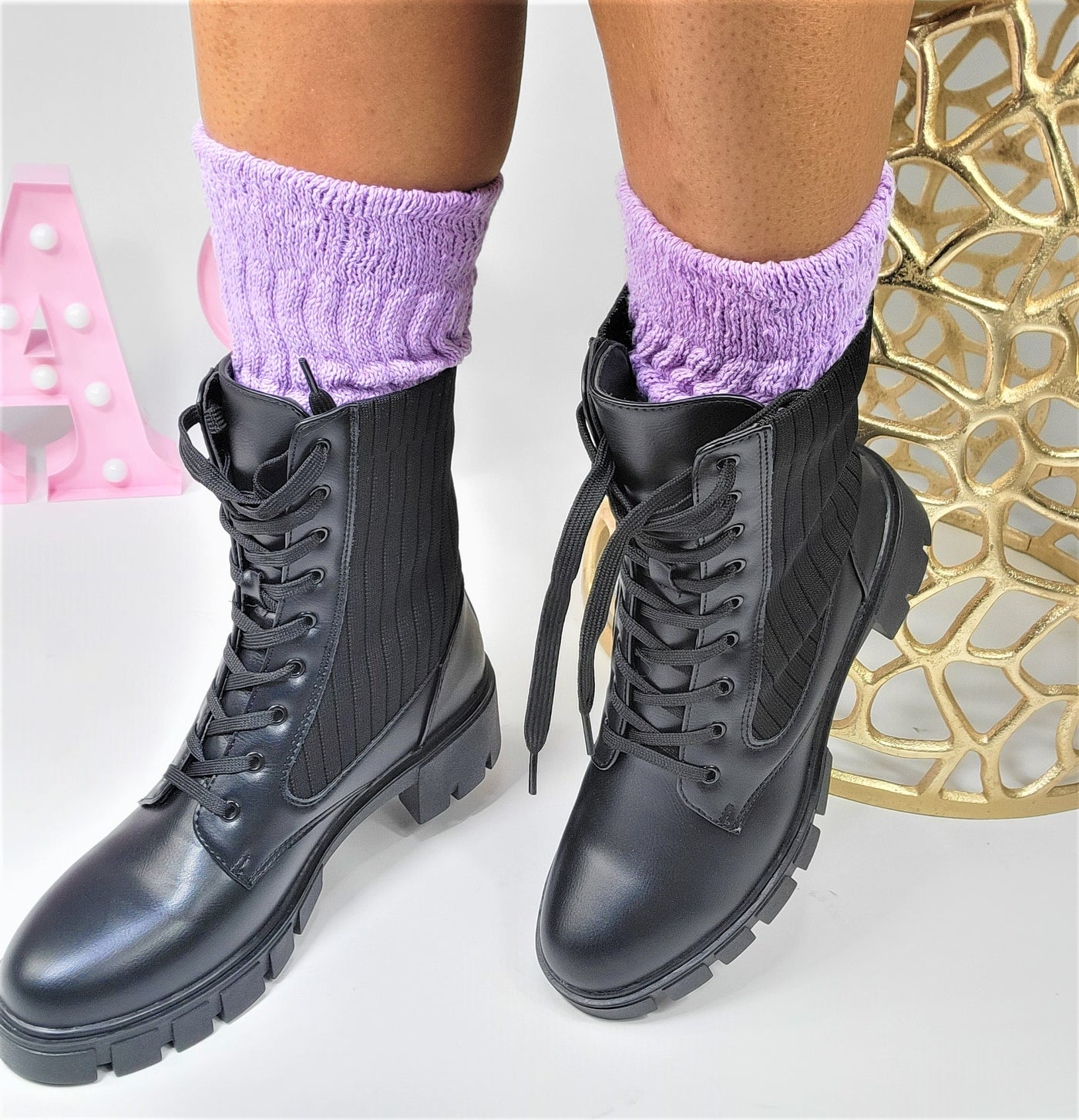 Riley~Black Sock Combat Boot